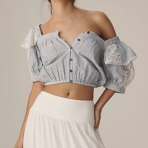 Maeve Ruffle Blue White Stripes Lace Puff Sleeves Button Cropped Blouse Top XXS